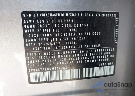 2022 Volkswagen Tiguan 2.0T S из США, поврежденный, VIN 3VV1B7AX8NM118788